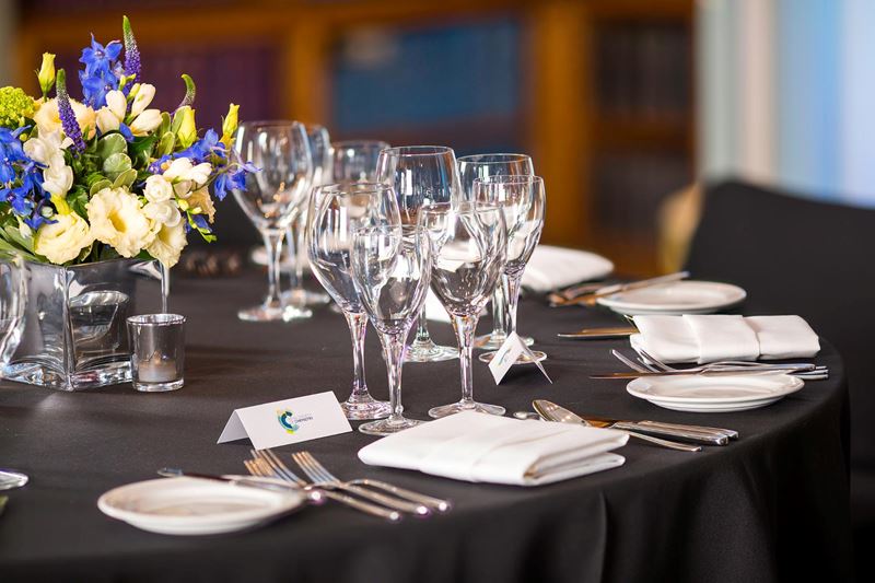 dining table with plates and glasses