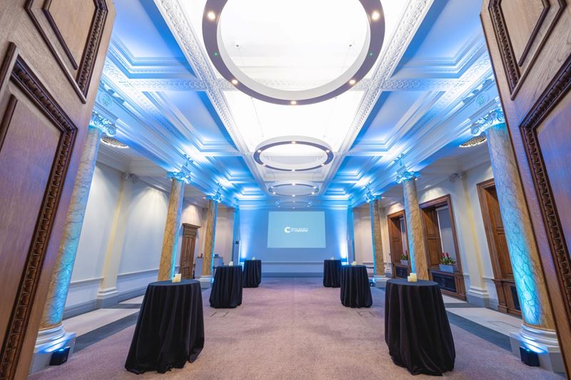 science room with blue lighting